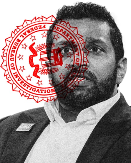 collage: kash patel portrait with fbi seal behind him