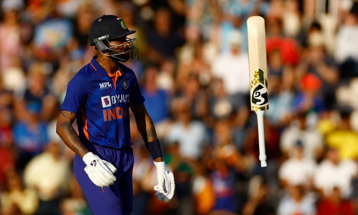 India’s Hardik Pandya reacts after he is dismissed.