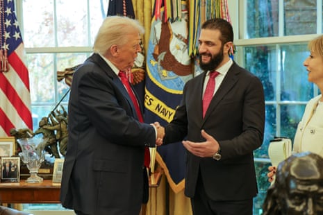 Donald Trump receives Syrian President Ahmad al Sharaa at the White House in November 2025.