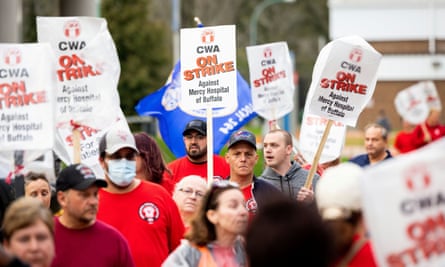Healthcare workers take part in a strike to protest against working conditions in hospitals amid the pandemic, at Mercy hospital in Buffalo, New York, this month.