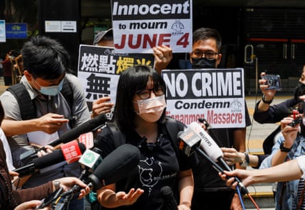Chow Hang-tung speaks to media after activist Joshua Wong was jailed for participating on June 4 assembly to commemorate the 1989 crackdown