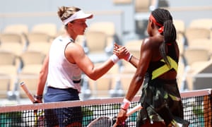 Barbora Krejcikova is congratulated ny Coco Gauff.