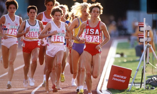 Mary Decker (right, in red USA singlet) and Budd (centre, shoeless) in the women’s 3,000m final at the 1984 Olympic Games in Los Angeles, just before their famous collision.