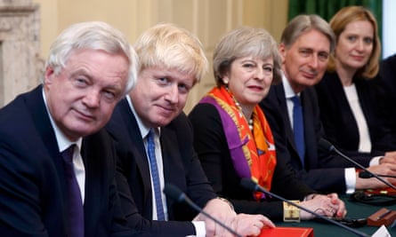 Between Brexit and remain: May flanked by pro-leave Davis and Johnson and pro-EU Hammond and Rudd.