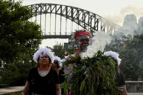 Koomurri-Bujja Bujja dancers arrive for the smoking ceremony during the 2022 WugulOra morning ceremony