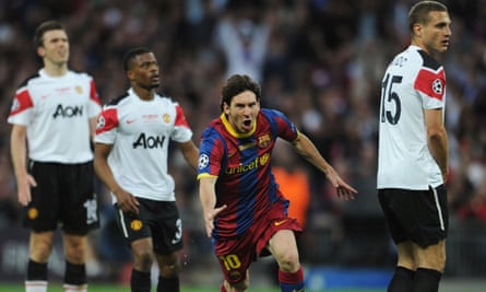 Lionel Messi celebrates scoring for Barcelona against Manchester United in Guardiola’s last Champions League success in 2011