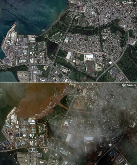 This combination of pictures shows an overview of Montego Bay, Jamaica, before and after the storm.
