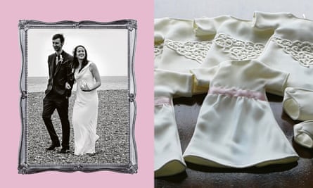 Funeral gowns for babies (right) made from Georgia Keogh-Horgan’s wedding dress (left).