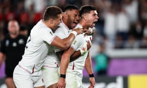 England’s Ben Youngs celebrates a try with Henry Slade and Manu Tuilagi that was later disallowed.