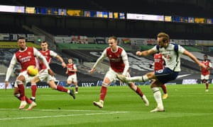 The Arsenal defence are powerless to stop Harry Kane scoring Tottenham’s second in the derby early this month