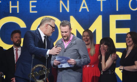 Alex Horne and Greg Davies receive the award for best comedy entertainment show for Taskmaster at the National Comedy awards on 2 March.