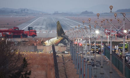 The wreckage of the Jeju Air plane that went off the runway and crashed at Muan international airport, South Korea.