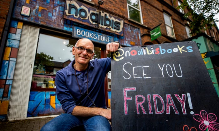 David Torrens of the No Alibis book store on Botanic Avenue in Belfast, Northern Ireland, where non-essential shops can open from Friday 12 June. In England they will have to wait another three days until Monday 15 June when, as Alok Sharma has just confirmed, they will be allowed to reopen.