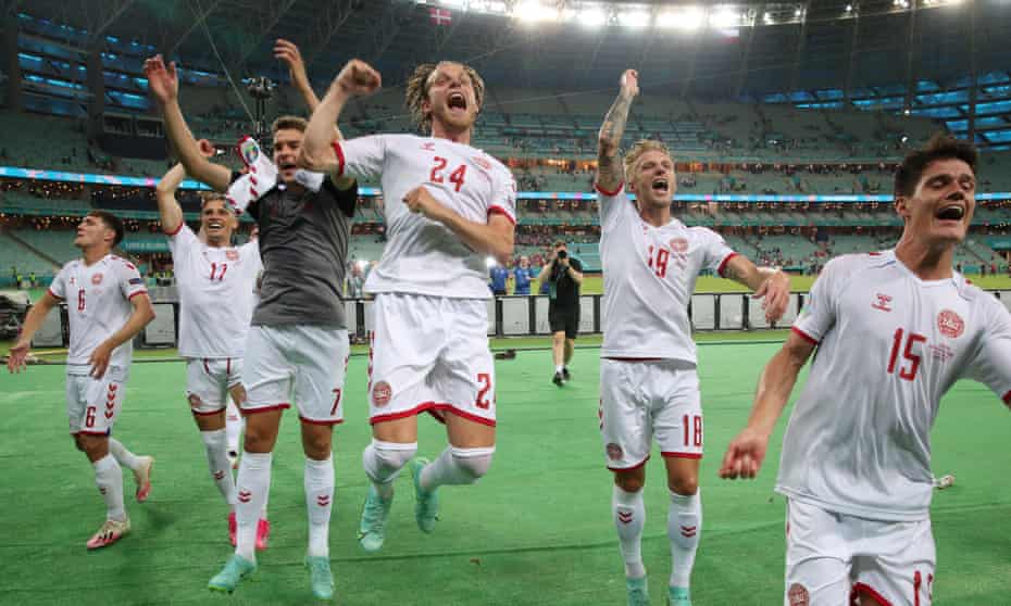Brentford’s Mathias Jensen (No 24) and Christian Norgaard (No 15) enjoy Denmark’s Euro 2020 quarter-final win over the Czech Republic.