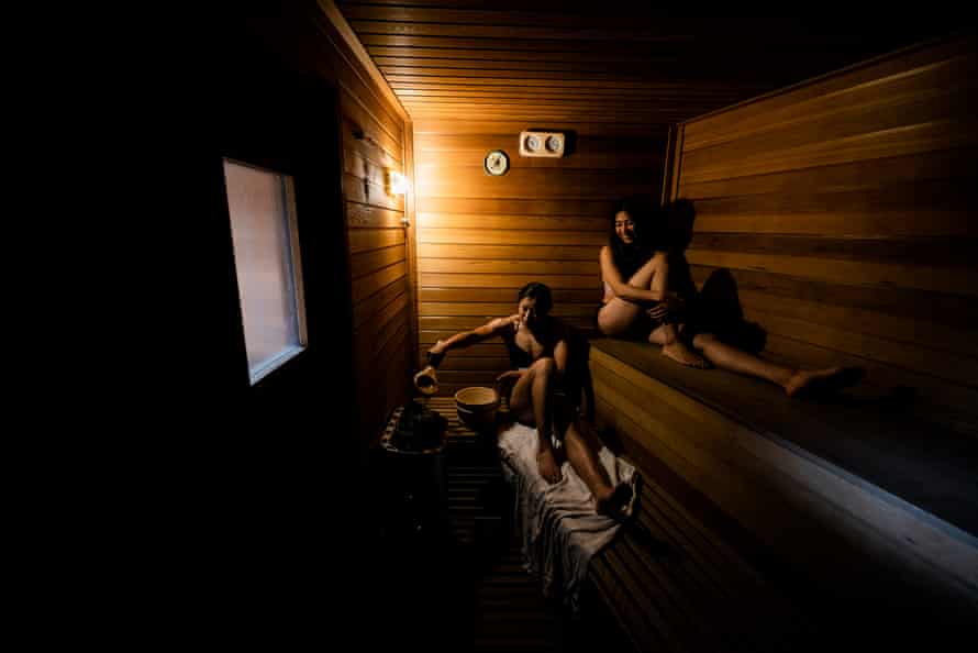 Jo and Som enjoy a moment to collect their thoughts and relax in the sauna of their rented property in Ocean Grove.