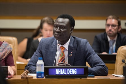 Nhial Deng, who fled his Ethiopian village aged 11, speaks at the UN’s Transforming Education summit.