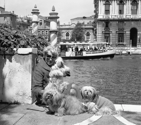 Peggy Guggenheim and dogs at her palazzo in Venice, 1973