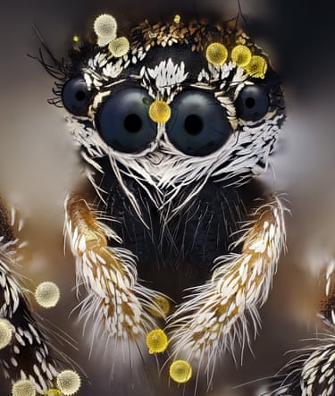 Jumping spider (Salticus scenicus) with pollen