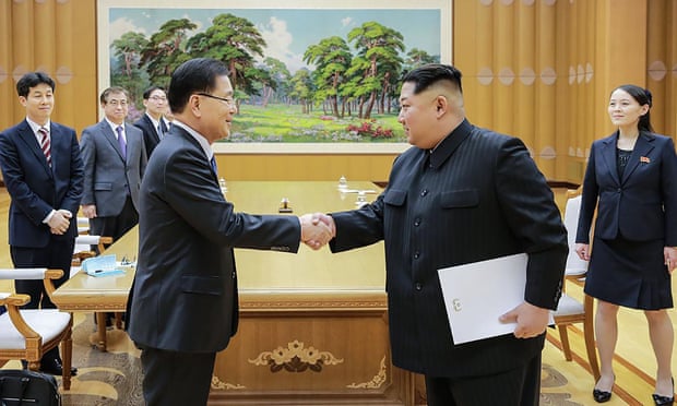 North Korean leader Kim Jong Un shakes hands with South Korean chief delegator Chung Eui-yong during their meeting in Pyongyang.
