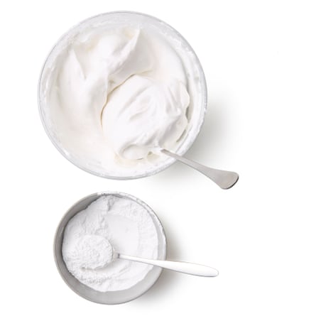 Felicity Cloake’s vegan meringues 04b. Turn up the speed again and whisk until the mixture forms firm, glossy peaks and is stiff enough for you to tip the bowl without it moving (this will take longer than it does with egg whites), then use a large metal spoon to fold in the sifted icing sugar a third at a time, being careful to keep as much of the air in the mix as possible.