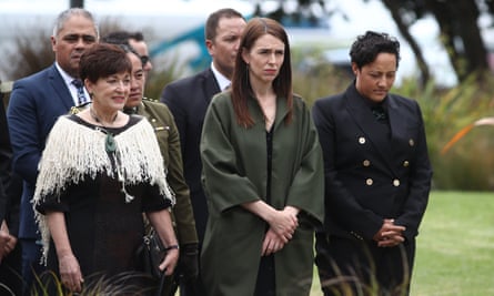 Jacinda Ardern pays her respects at the Te Mānuka Tūtahi Marae in 2020 on the anniversary of the eruption in Whakatane.