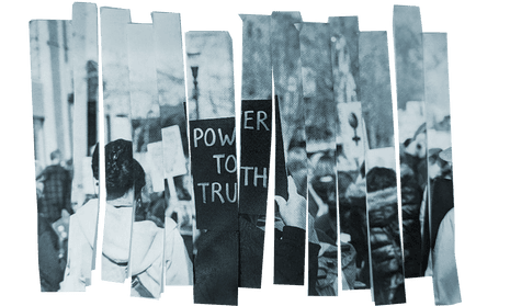 Cut-up image of people marching with banner saying "Power To Truth"