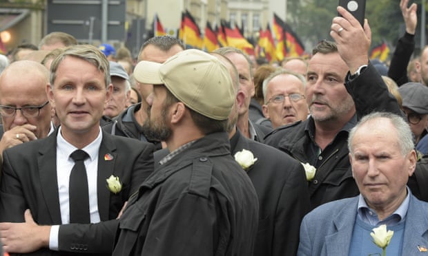 Björn Höcke (left), the AfD leader in Thuringia, and the Pegida founder, Lutz Bachmann (second right), at a rally in Chemnitz