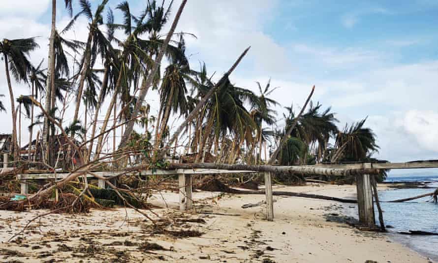Uprooted coconut trees litter on a boardwalk in Dapa town, Siargao island.