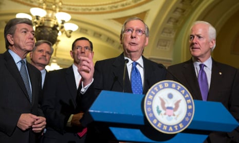 Mitch McConnell (centre), Roy Blunt (left) and John Cornyn (right), pictured alongside John Hoeven and John Barrasso, have all expressed scepticism about climate change.