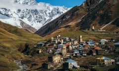 Svanetian Towers in Ushguli, Upper Svanetia, Georgia<br>Svanetian Towers in Ushguli in autumn. One of the highest inhabited village in Europe. Caucasus, Upper Svaneti, Georgia.. UNESCO World Heritage Site.