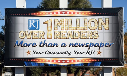 A sign marks the entrance to the Adelson-owned Las Vegas Review-Journal newspaper in Las Vegas, Nevada.