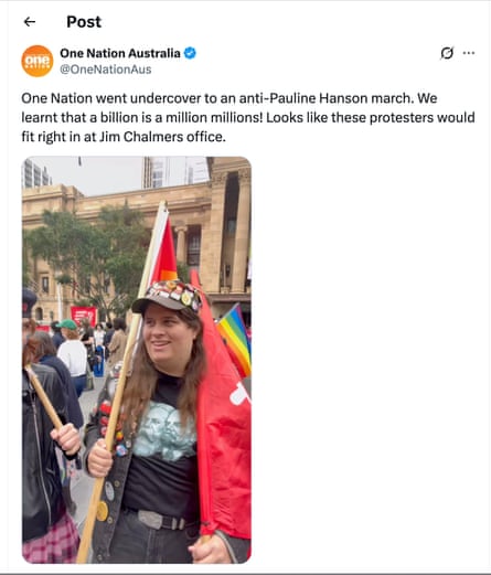 A post on X by One Nation features protester Che Janz at a rally in Brisbane