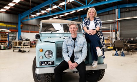 Jaunt co-founders Dave Budge and Marteen Burger with a converted LandRover their workshop in Williamstown, Melbourne. 