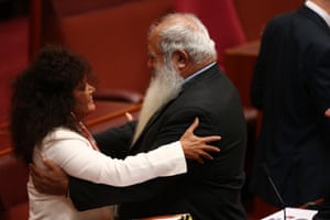 Western Australian senator Pat Dodson greets NT Labor senator Malarndirri McCarthy