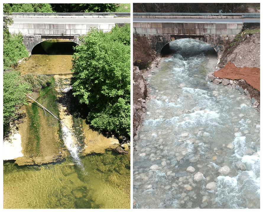 Before-and-after shots of a dam removal on a river in Parc naturel régional du Haut-Jura, France, in 2021.