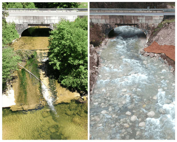 Before-and-after shots of a dam removal on a river in Parc naturel régional du Haut-Jura, France, in 2021.