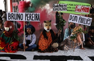 São Paulo, Brazil: Demonstrators wearing animal costumes during a protest organised by Guarani Indigenous people and environmental activists to demand justice for the British journalist Dom Phillips and Indigenous activist Bruno Pereira, killed in the Amazon