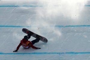 Great Britain’s Rowan Coultas crashes out of the slopestyle qualification.
