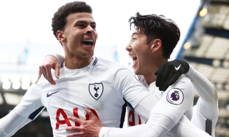 Deli Alli, left, celebrates with Son Heung-min after scoring one of his two goals in Tottenham’s win at Chelsea.