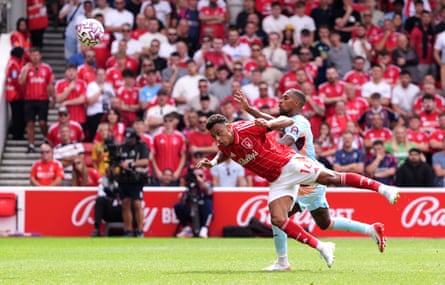 Dan Ndoye scores Nottingham Forest’s second goal of the game with a flying header.