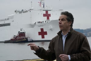 New York governor Andrew Cuomo in Manhattan as the USNS Comfort arrives in New York.