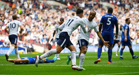 Lamela celebrates after Fuchs scored Tottenham’s third with an own goal.