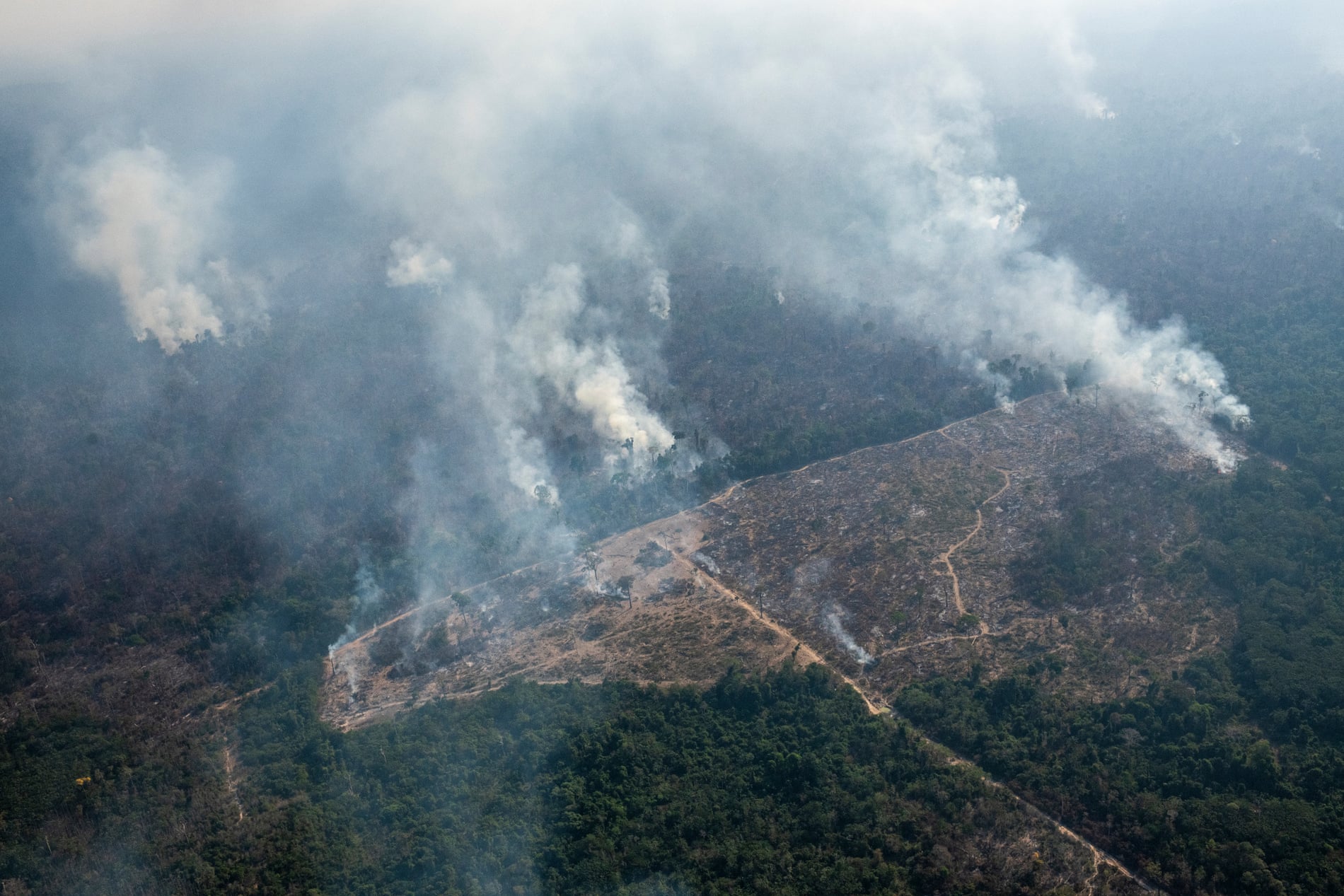 Fire and deforestation scar the Iriri national forest reserve near Novo Progresso in the Brazilian Amazon.