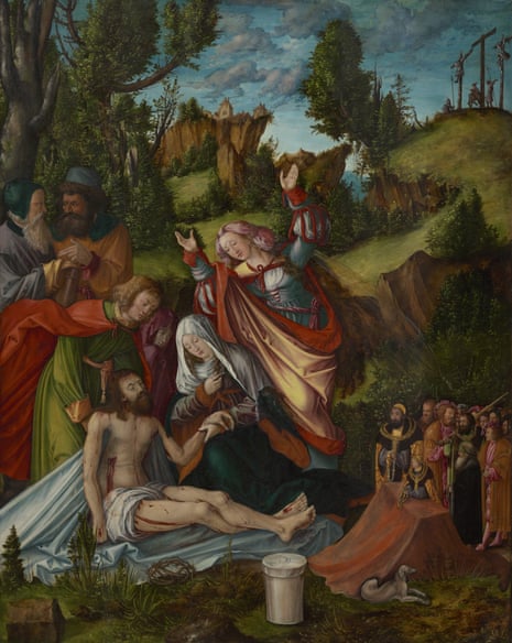 The 16th-century painting The Lamentation of Christ with a Group of Donors shows a bleeding Jesus Christ seated on the ground, with figures around him, on a hillside