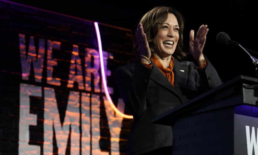 Vice-president Kamala Harris speaks at the Emily’s List national gala in Washington DC on Tuesday evening.