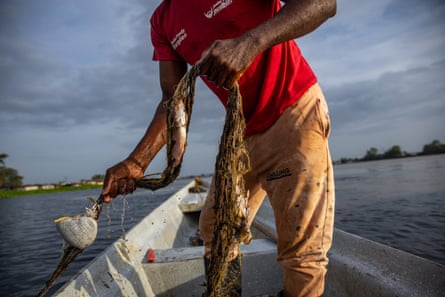 A fisher from Riosucio picks up the net, finding just a few fish