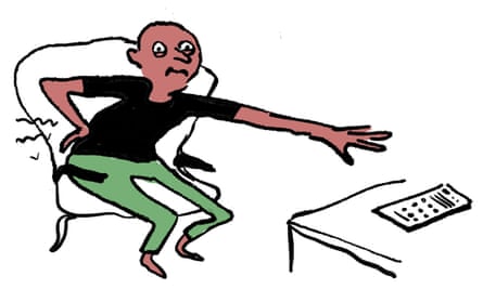 Illustration of a man with back pain leaning forward in his chair to reach a remote control on a table