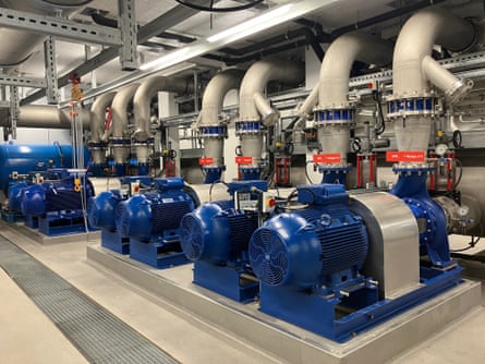 An room of industrial pipes and cooling units