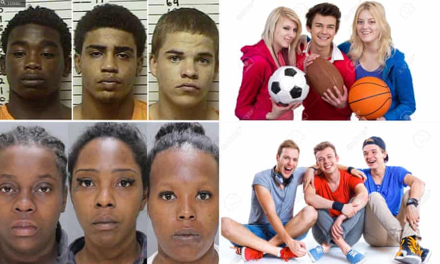 A composite image showing the contrast in Google search results for ‘three black teenagers’ and ‘three white teenagers’.