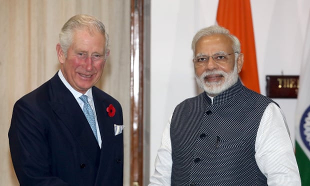 Narendra Modi receives Prince Charles at Hyderabad House in Delhi on Wednesday.